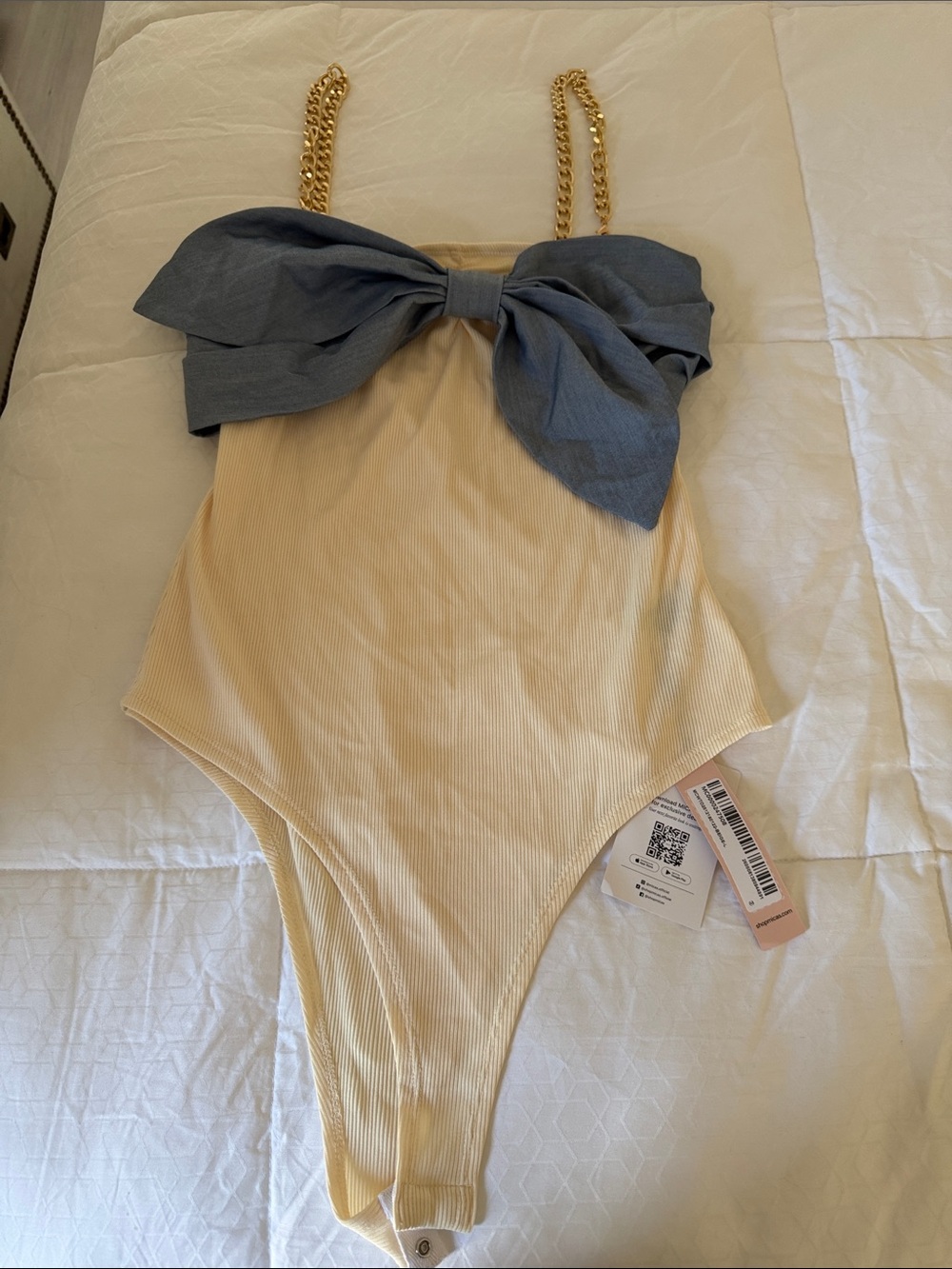 Bow-Front Chain Strap Bodysuit - Cream and Blue